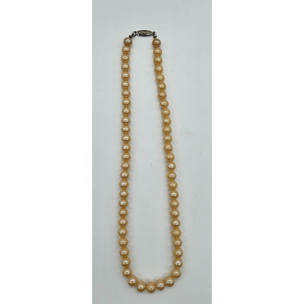 Vintage Japan Faux Pearl Necklace Champagne Single Strand Knotted Choker 15"‎